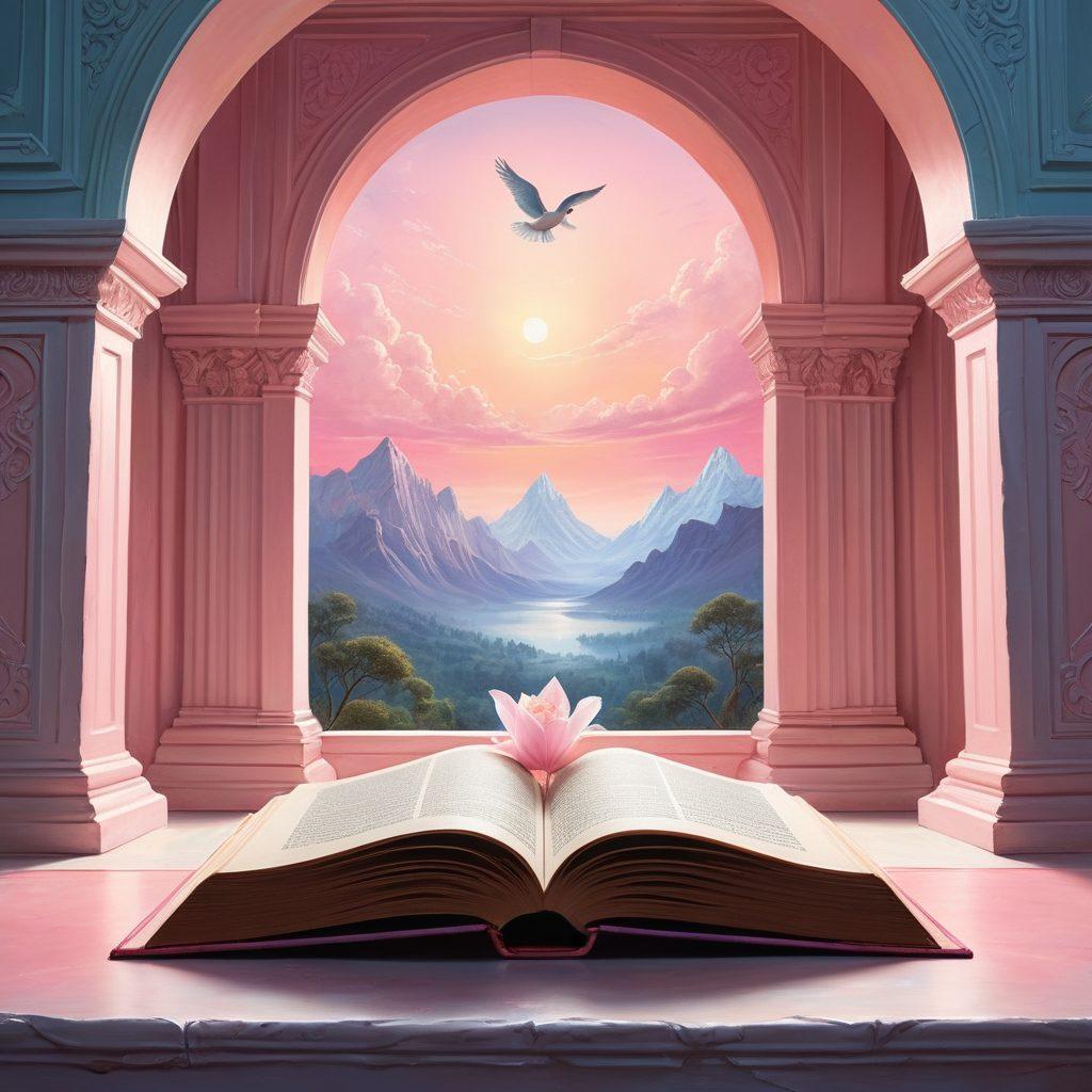 An open book with contrasting pages, one depicting serene LDS symbols and the other revealing stylized, abstract representations of adult visual media. The background features a gentle blend of light blues and soft pinks, symbolizing the clash of beliefs and adult themes. Soft rays of light illuminate the scene, emphasizing the journey of navigation between the two worlds. surrealism. vibrant colors.