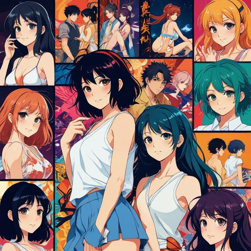 A vibrant collage featuring iconic elements of hentai culture, such as stylized manga characters, colorful animation frames, and artfully depicted adult themes. Include contrasting elements that represent the mainstream adult entertainment industry, like film reels and glamorous settings. The background should blend these worlds, with ethereal lights and dynamic shapes, to symbolize their intersection. Use a lively color palette to capture the essence of both cultures. vector art. vibrant colors.